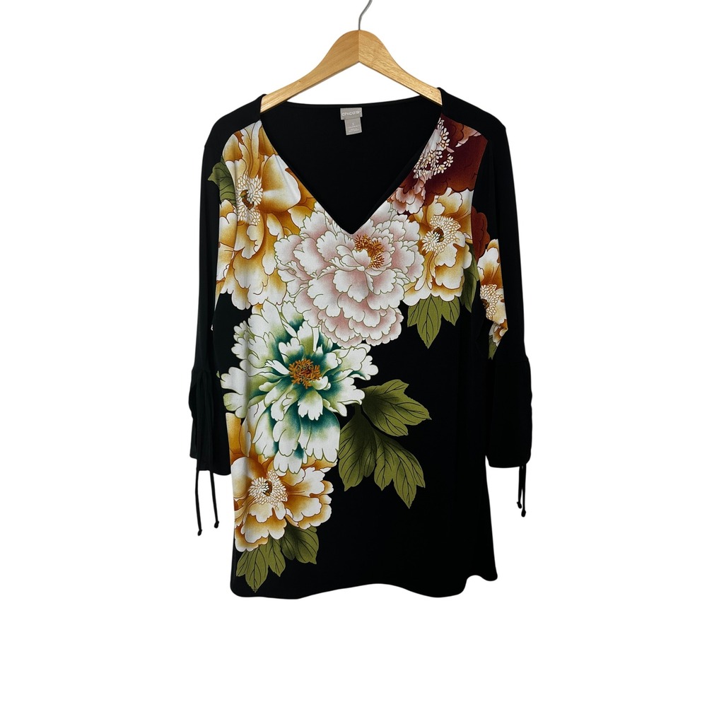 Chico's Size 3 Dark Floral Tunic Top Womens XL Tie Slit Sleeves Asian Botanical